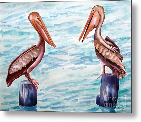 Pelicans Chatting Metal Print featuring the painting Have You Been To The Gulf by Kandyce Waltensperger