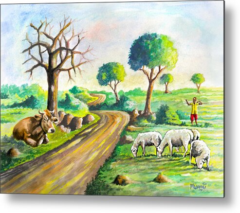 Tanzania Metal Print featuring the painting Herding near the Road by Anthony Mwangi