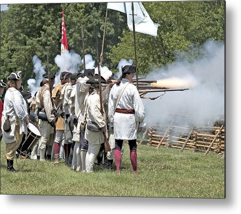 Revolution Battle Flash Musket War Re-enactment Monmouth Metal Print featuring the photograph Hold the Line by Harold Piskiel