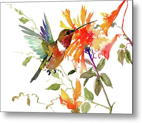 Hummingbird Metal Print featuring the painting Hummingbird and Orange Flowers by Suren Nersisyan