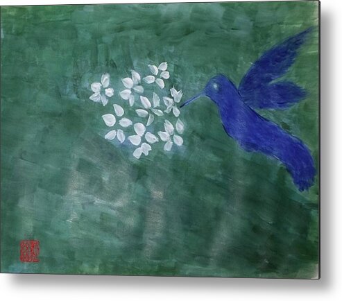 The Joy Of Hummingbird Metal Print featuring the painting Hummingbird and the Lily Pads by Margaret Welsh Willowsilk