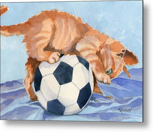 Cat Feline Kitten Pet Play Ball Soccer Training Olympics Games Metal Print featuring the painting In Training by Marsha Elliott