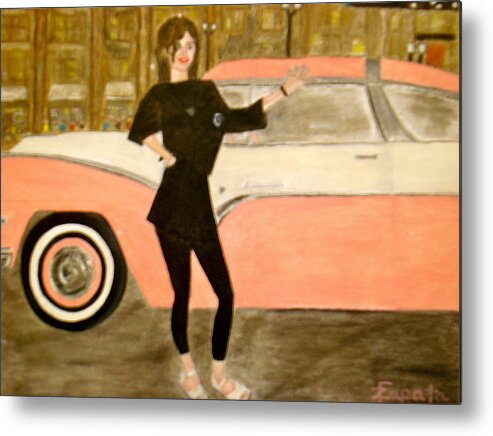 Portrait Model Metal Print featuring the painting karen-Model in black with pink car by Felix Zapata