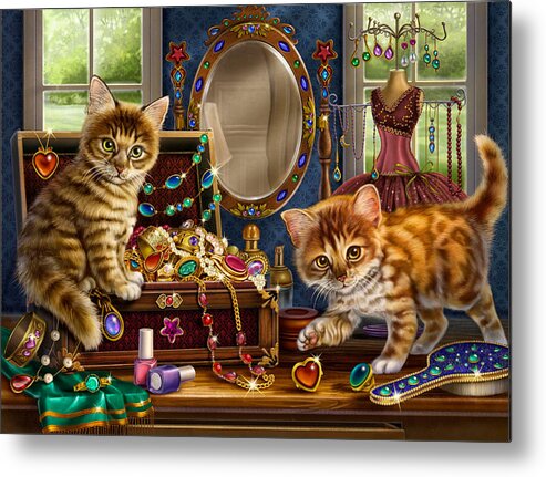 Kittens With Jewelry Box Metal Print featuring the painting Kittens with Jewelry Box by Anne Wertheim