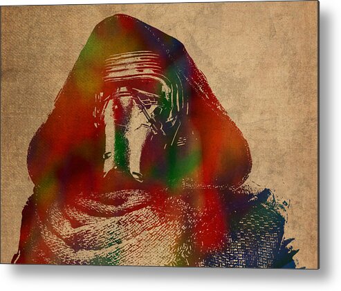 Kylo Ren Metal Print featuring the mixed media Kylo Ren Watercolor Portrait on Old Canvas by Design Turnpike