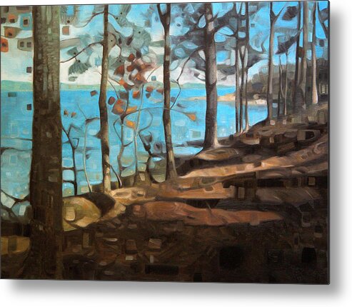 Lake Water Sunlight Fall Leaves Shoreline Trees Forest Woods Landscape Painting Oil Painting Prints Pine Tree Lake Lanier Atlanta Georgia Metal Print featuring the painting Late Fall Lakeside by T S Carson