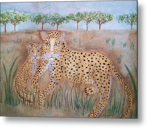 Whimsical Leopard With Cub Metal Print featuring the painting Leopard with cub by Susan Nielsen