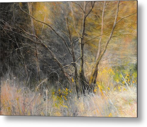 Landscape Metal Print featuring the painting Light behind trees. by Harry Robertson