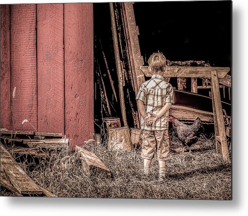 Boy Metal Print featuring the photograph Little Boy and Rooster by Julie Palencia