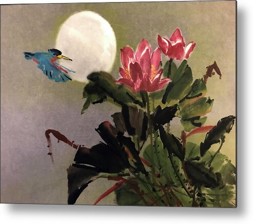 Lotus Metal Print featuring the painting Lotus and Kingfisher by Charlene Fuhrman-Schulz