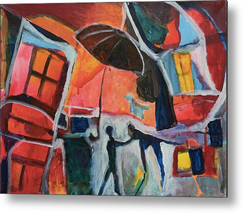 Red Painting Metal Print featuring the painting Making Friends Under the Umbrella by Susan Stone