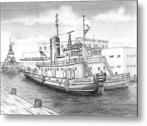 Tug Metal Print featuring the drawing McAllister Tugs at Cold Storage Pier by Vic Delnore