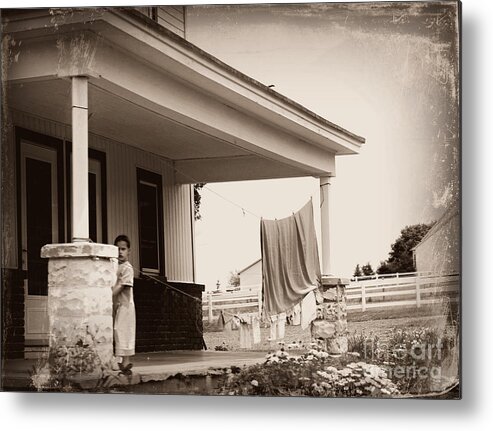 Laundry Metal Print featuring the photograph Mennonite Girl Hanging Laundry by Beth Ferris Sale