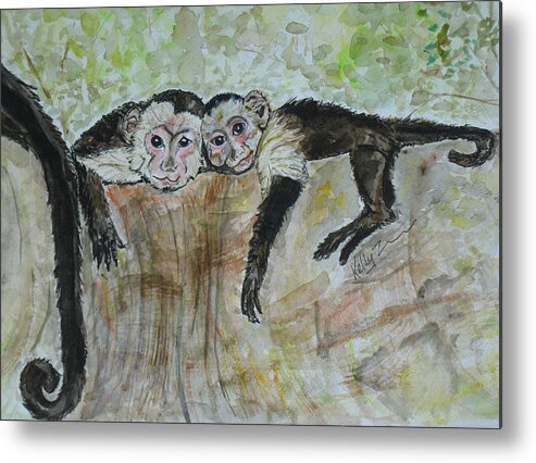 Monkey Metal Print featuring the painting Monkey Sibling Love by Kelly Smith