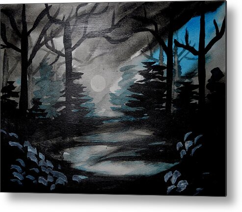 Watercolor Metal Print featuring the painting Moonlit Midnight Forest by Carol Crisafi