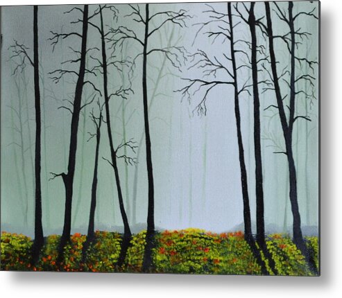 This Is A Landscape Painting Of A Foggy Wooded Area. The Light Is Coming Through A Foggy Area Of The Background. I Used A Light Colored Back Ground To Give The Painting Depth And Contrast. The Trees Don't Have Leaves And Are Casting A Shadow On The Forest Floor. The Ground Is Covered With Fresh Flowers And Green Grass. This Is An Affordable Oil Painting And Would Look Great In Any Room. Metal Print featuring the painting Morning Fog by Martin Schmidt