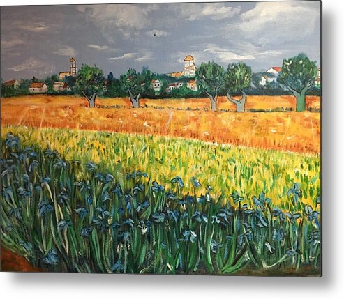 Wall Metal Print featuring the painting My View of Arles with Irises by Belinda Low