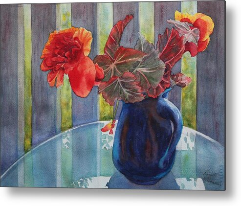 Blue Jug Metal Print featuring the painting Nancy's Begonias by Ruth Kamenev