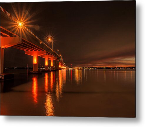 Bridge Metal Print featuring the photograph Night Time Reflections at the Bridge by Dorothy Cunningham