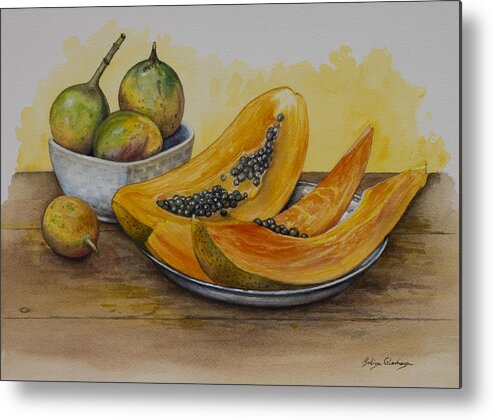 Watercolor Metal Print featuring the painting Papaya and maracuja by Yuliya Glavnaya