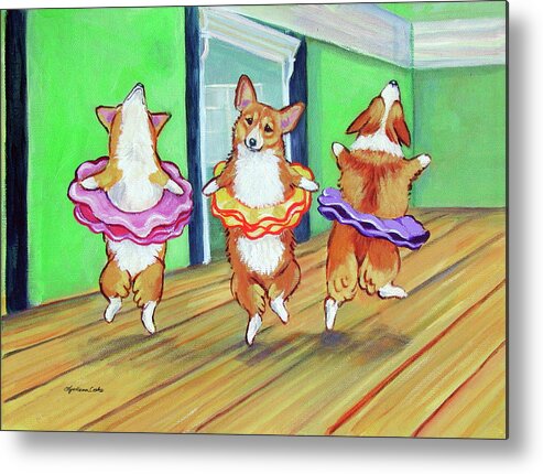 Pembroke Welsh Corgi Metal Print featuring the painting Pembroke Welsh Corgi Ballerina's Ballet Lesson by Lyn Cook