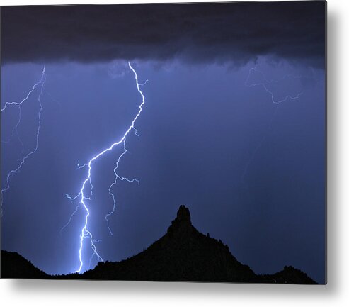 Pinnacle Peak; North Scottsdale; Arizona; Phoenix; Desert; Lightning; Storms; Striking; Bolts; Landscapes; Nature; Stock Images; Wall Art; Photography; Weather; Sky; Skyscape; Tmed Exposure; Posters; Canvas Prints; Canvas Art; Striking-photography.co Metal Print featuring the photograph Pinnacle Peak Lightning by James BO Insogna