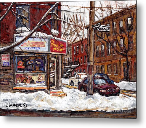 Montreal Metal Print featuring the painting Pointe St Charles Montreal Winter Scene Painting Paul Patates Restaurant At Coleraine And Charlevoix by Carole Spandau