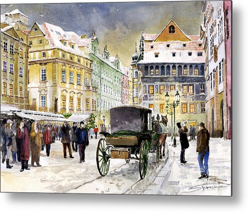 Watercolour Metal Print featuring the painting Prague Old Town Square Winter by Yuriy Shevchuk