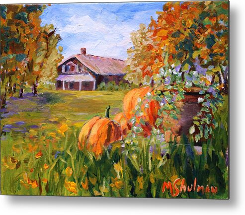 Pumpkins Metal Print featuring the painting Pumpkins in the fall. by Madeleine Shulman