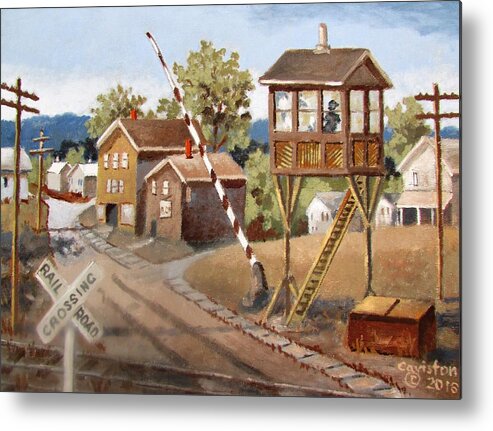 Pennsylvania Scene Metal Print featuring the painting Railroad Crossing by Tony Caviston