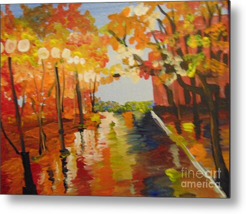 Impressionist Metal Print featuring the painting Rainy Fall Night by Saundra Johnson