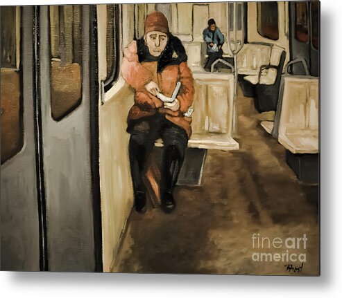 City Scenes Metal Print featuring the painting Reader on the Metro by Reb Frost