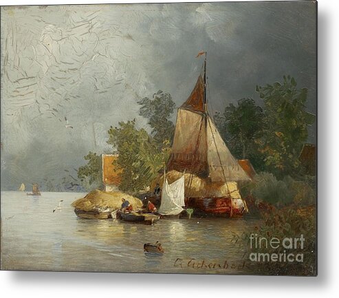 Andreas Achenbach Metal Print featuring the painting River Landscape With Barges by MotionAge Designs