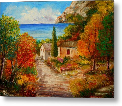 Landscape Originals Canvas Prints Acrylic Prints Art Prints Framed Prints Tress Pathways Trees Autumn Greece Greece-evia Evia-greece Nature Counytry Houses Seas Pathways Paintings Original-paintings Greeting Cards Metal Print featuring the painting Rovies by Konstantinos Charalampopoulos