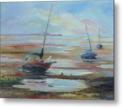 Summer Metal Print featuring the painting Sailboats at Low Tide near Nelson, New Zealand by Barbara Pommerenke