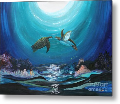 Sea Metal Print featuring the painting Sea Turtles Greeting by Myrna Walsh