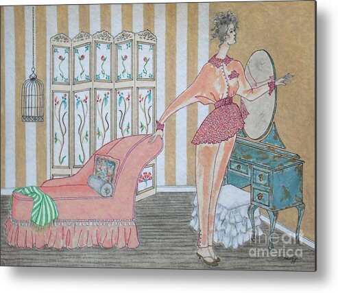 Shabby Chic Metal Print featuring the painting Shabby Chic -- Art Deco Interior w/ Fashion Figure by Jayne Somogy