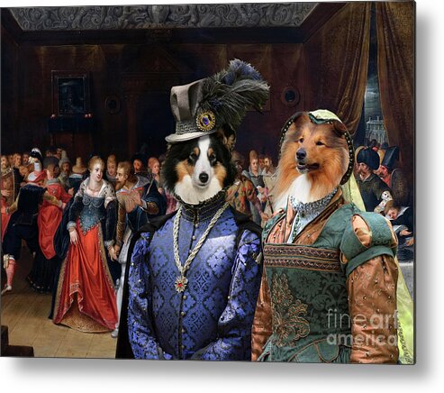 Sheltie Metal Print featuring the painting Shetland Sheepdog Art Canvas Print - An Interior Scene with Elegant Figures at a Wedding by Sandra Sij