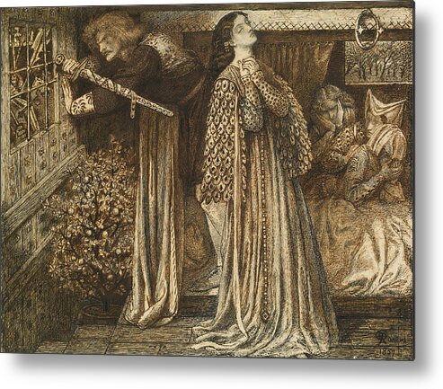 Dante Gabriel Rossetti Metal Print featuring the drawing Sir Launcelot in the Queen's Chamber by Dante Gabriel Rossetti
