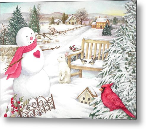 Winter Wonderland Metal Print featuring the painting Snowman Cardinal in Winter Garden by Judith Cheng