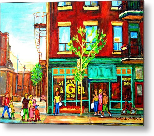 Cityscapes Metal Print featuring the painting St. Viateur Bagel with Shoppers by Carole Spandau