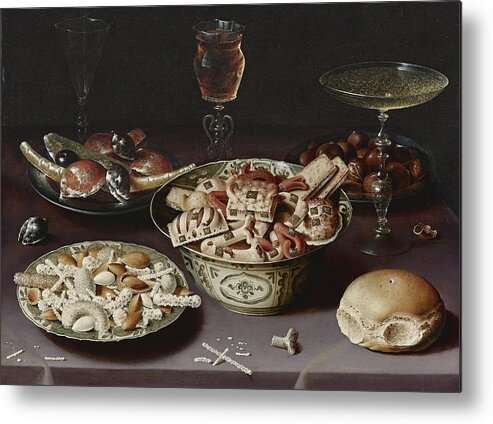 Osias Beert Metal Print featuring the painting Still Life of Porcelain Vessels Containing Sweets by Osias Beert