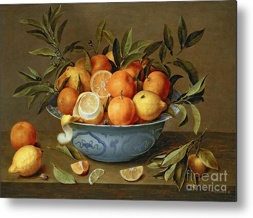 Still Metal Print featuring the painting Still Life with Oranges and Lemons in a Wan-Li Porcelain Dish by Jacob van Hulsdonck