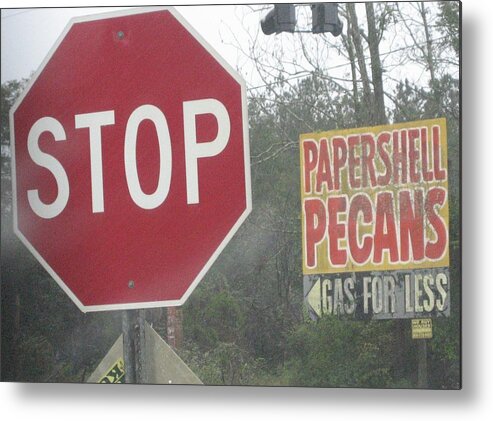Landscape Metal Print featuring the photograph Stop Paper Shell Pecans Gas for Less by Stephen Hawks