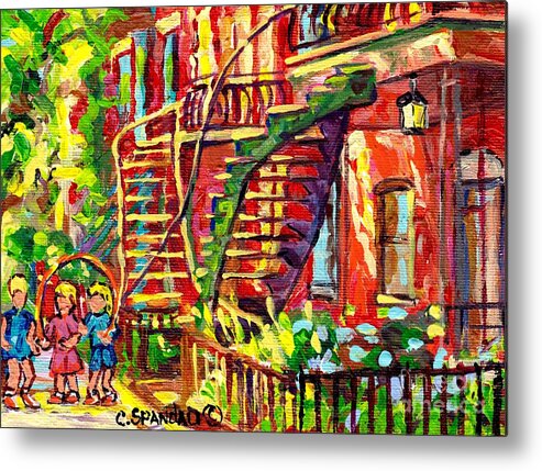 Montreal Metal Print featuring the painting Summer Staircase Verdun Montreal To Plateau Mont Royal Canadian Cityscene 3 Girls Skipping C Spandau by Carole Spandau