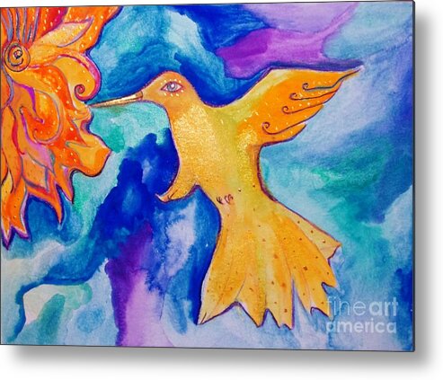 Watercolor Metal Print featuring the painting Sunbird by Garden Of Delights