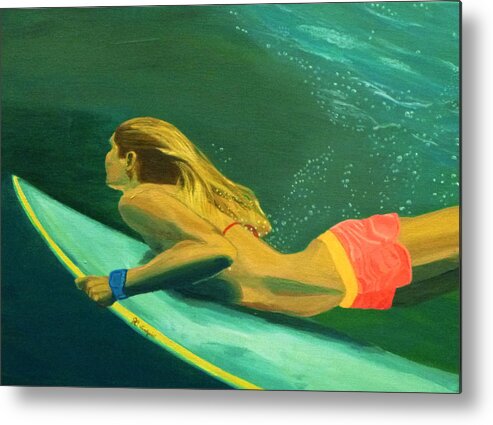 Surf Metal Print featuring the painting Surfer Girl Duck Dive by Jenn C Lindquist