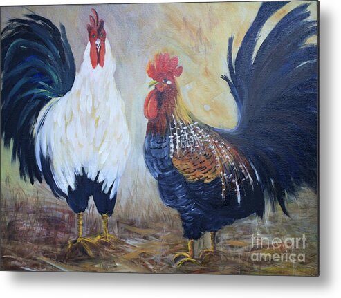 Roosters Metal Print featuring the painting Talking It Over by Barbara Haviland
