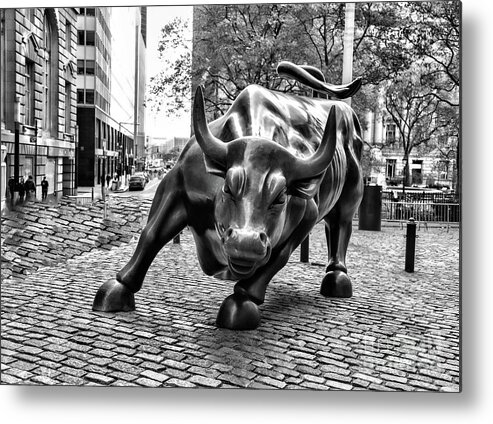 New York Metal Print featuring the photograph The Bull Black White NYC Wall Street   by Chuck Kuhn