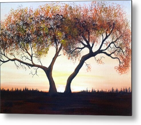 A One Hundred Year Old Tree In The Middle Of A Meadow. The Sun Is Coming Up In A Cloudless Sky With Distance Trees In The Background. The Tree Has Many Dead Branches And The Leaves Are Multiple-colored. Metal Print featuring the painting The Eli Tree by Martin Schmidt